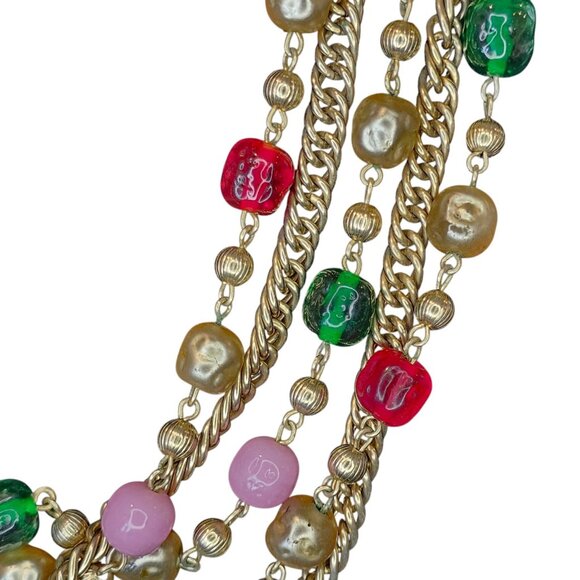VTG 60s Multi-strand Bib Necklace Goldtone Glass Beads Red Pink Green MCM 17-20" - Picture 4 of 11